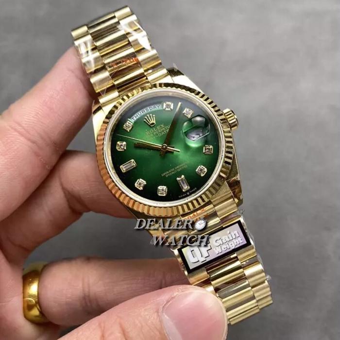 QF Factory V5 RolexDay-Date Green Ombre Dial 10P Diamond Yellow Gold Case 36mm 128238