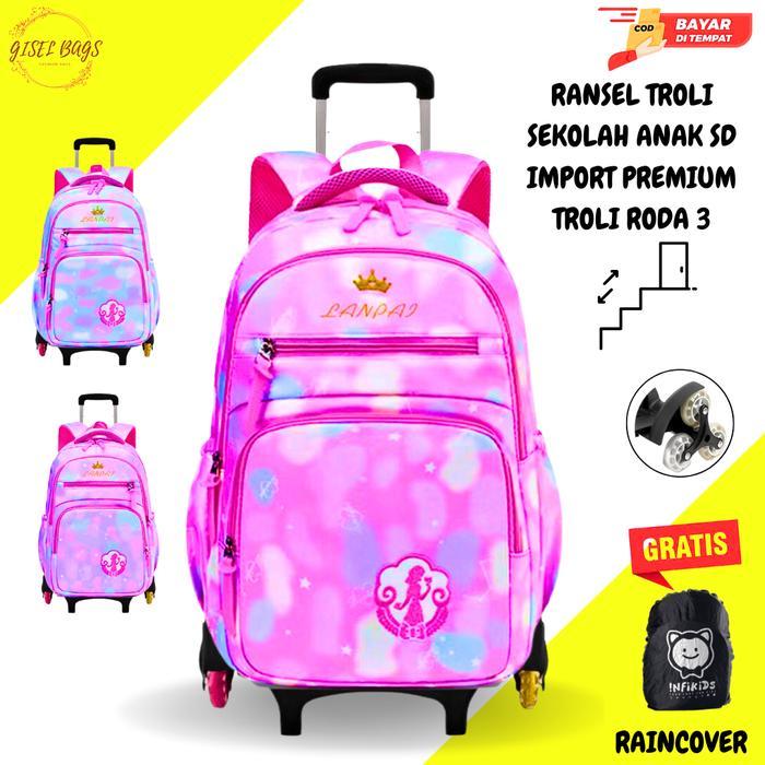tas troli anak perempuan sd besar import warna rainbow waterproof