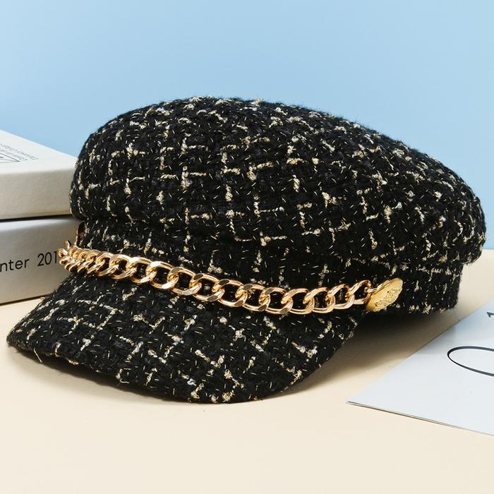 Topi Baret Wanita Rantai Oktagonal Bling Retro TP-OktaChain Hitam Merah Putih