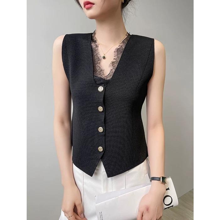 Jihyo Lace Vest Textured Knit / Vest Rajut Kombinasi Lace Wanita BL21062