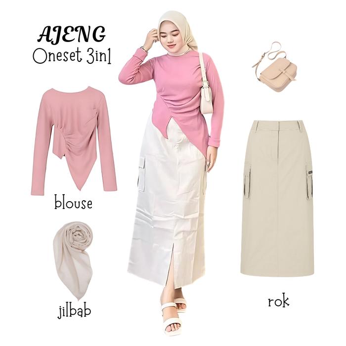 Ajeng Oneset 3in1 Blouse Pink Rok cargo cream jilbab bella | perempuan wanita cewek ootd hijab casua