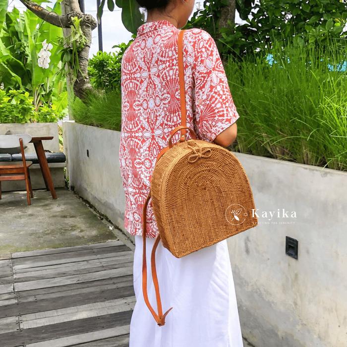 Tas Rotan Ransel Oval Wanita - Backpack Rotan Handmade 100% Asli Bali - Anyaman Khas Bali Etnik Keki