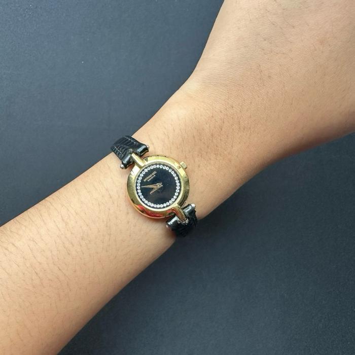 Raymond Weil Ladies 18K Goldplated Black Leather Strap Watch