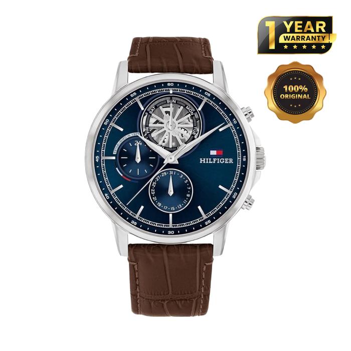 Tommy Hilfiger Navy Dial Brown Multifunction Leather Mens Dress Watch - 1710629