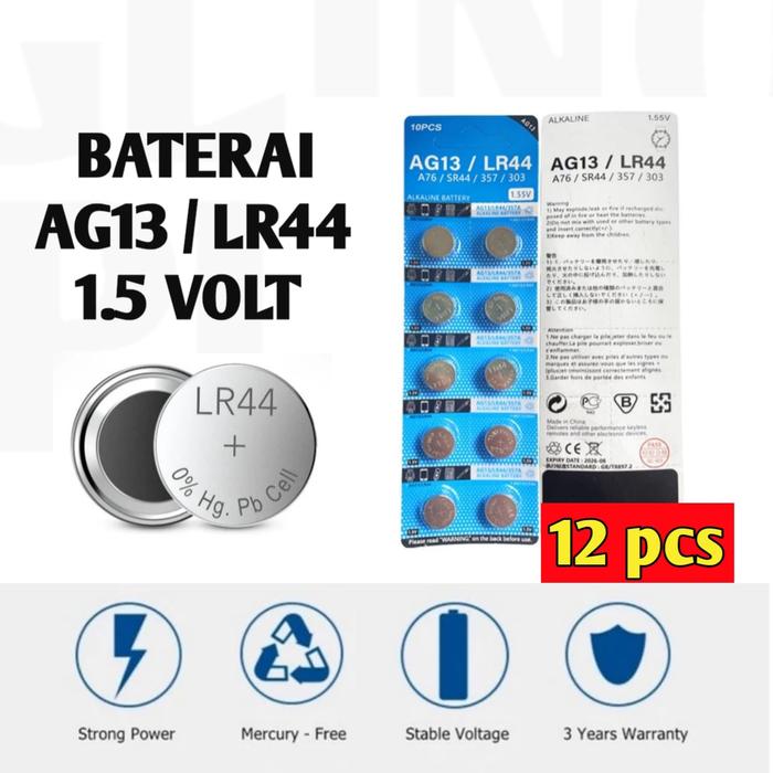 [12pcs]Baterai batrai Batre LR44 LR 44 AG13 AG 13 1,5V 1,5 Volt Batre Kancing Laser Jam Kalkulator M