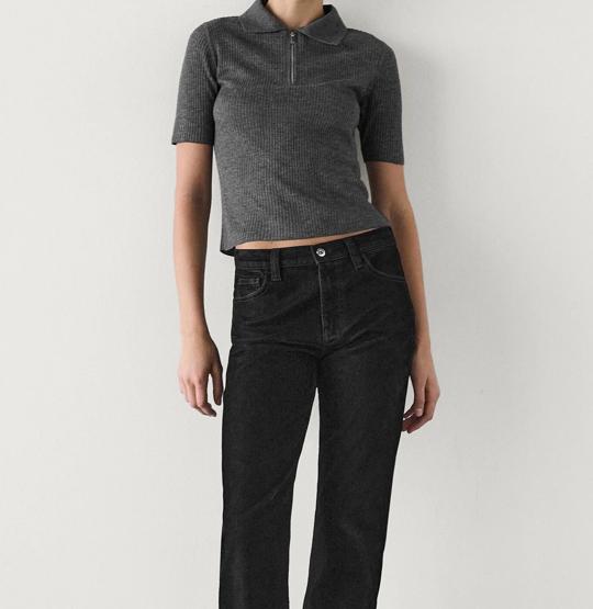 Massimo Dutti Women's Wool Ribbed Polo Shirt with Cashmere - Kaos Atasan Lengan Pendek Wanita