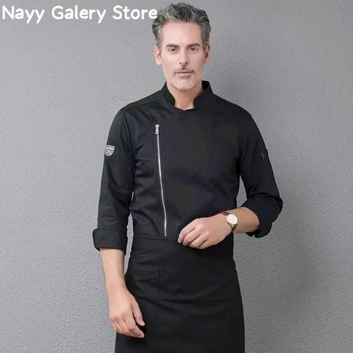 Baju Jacket Chef Koki, Seragam Kerja, Kualitas Premium Pria/Wanita Modern Hitam Putih Navy Coklat Pa
