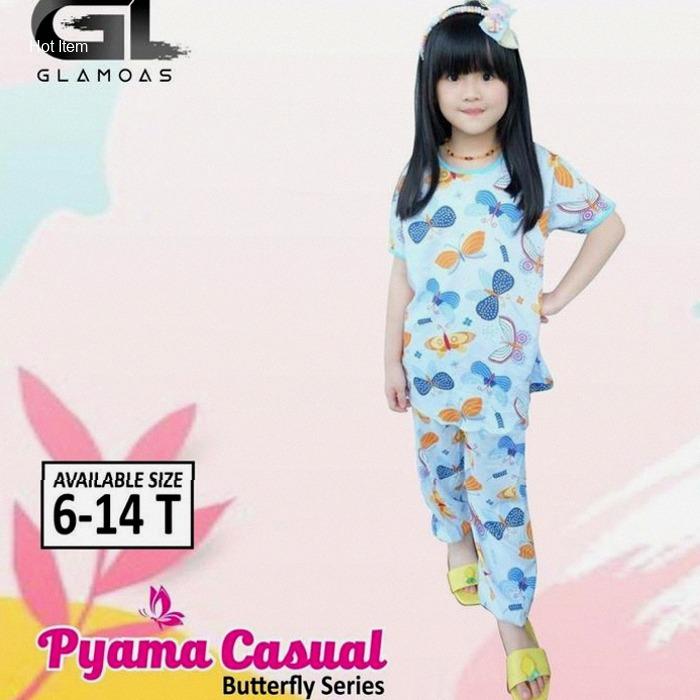 Glamoas Set Piyama Anak Perempuan - Setelan Celana Panjang Harian Rayon Usia 6 8 10 12 14 Tahun | Ke