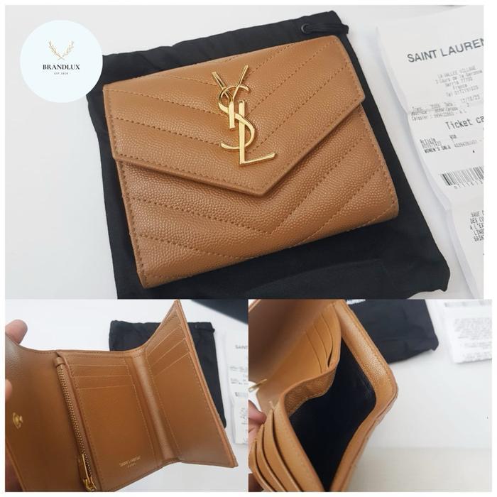 YSL SAINT LAURENT TRIFOLD SMALL WALLET BROW CAVIAR GHW