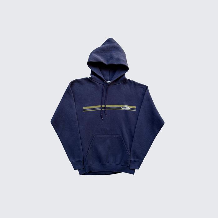 Navy Blue Vintage 1990s Bitch Skateboards Stripe Round Printed Pullover Hoodie - Unisex - S
