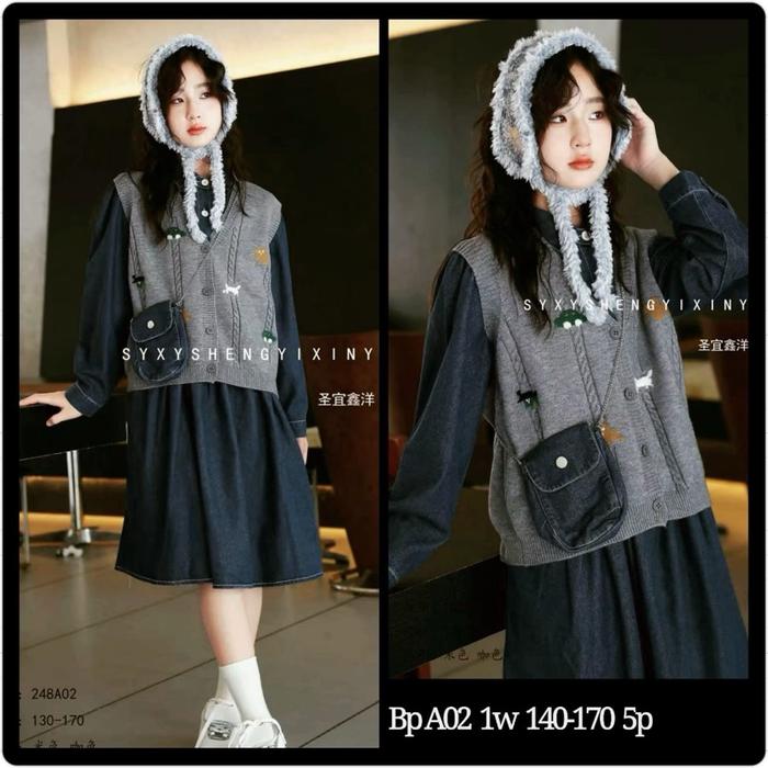 Dress jeans bangkok impor anak 2in1 rompi rajut