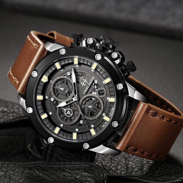 Evans Jayden Jam Tangan Pria 9570 Kulit Kaca Sapphire Chronograph Water Resistant 10 ATM