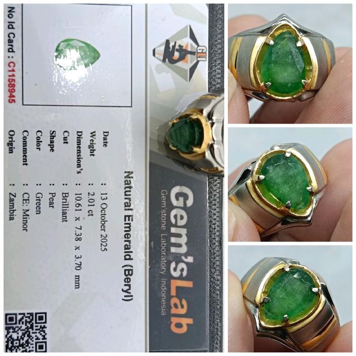 Natural Emerald Beryl Zambia 2 ct memo GLI Zamrud Ring Perak