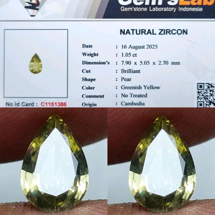 NATURAL BATU ZIRCON GREENISH YELLOW CAMBODIA PEAR MEMO GLI LAB