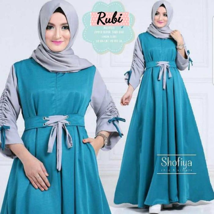 Rubi - Bisa Cod Dress Gamis Baju Kondangan Busui Tali Pinggang Pita Lengan Tangan Kerut Warna Polos