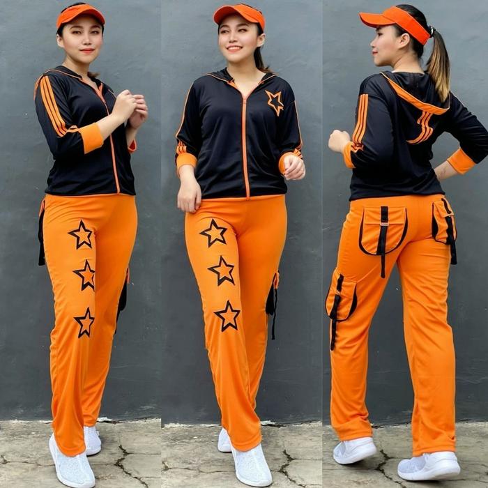 Setelan Baju Olahraga Aerobik Stelan Lapangan Zumba Panjang Muslimah Hijab Set Bintang Double Hitam 