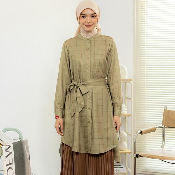 DAUKY L Tunic Plaid Rayon - Fashion Wanita - Tunic Atasan Belt Pinggang Motif Garis Kotak - Bahan Ra