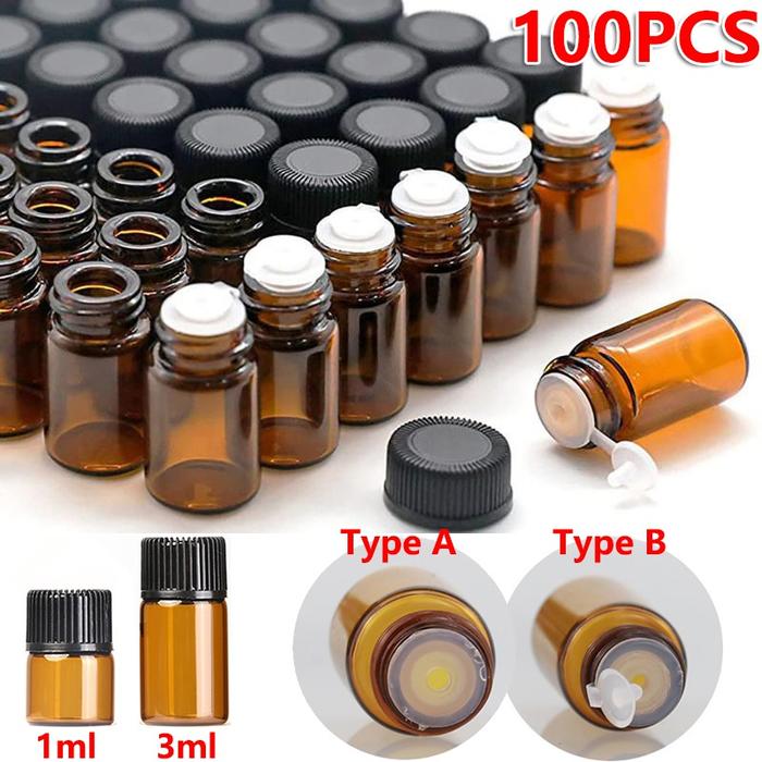 100Pcs Mini Amber Glass Bottle Empty Essential Oil Bottle Sample