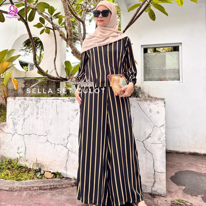 Sella Set Kulot Oneset Rayon Motif Premium Lengan Panjang Celana Panjang Hightwaist Terbaru Kekinian