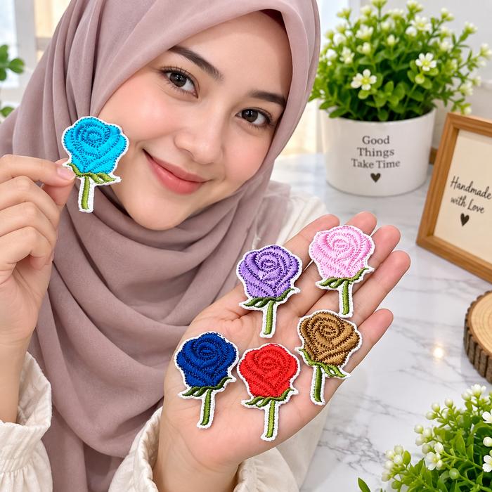 Patch Bordir Mawar 4,5x3cm | Tempelan Baju Tas Hijab | Aplikasi Bordir Bunga