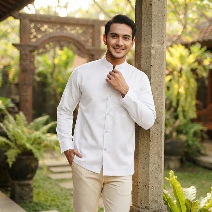 Kemeja Koko Jadul Eksklusif Pria Dewasa Warna Putih - Baju Muslim Gaya Klasik Tradisional Modern un