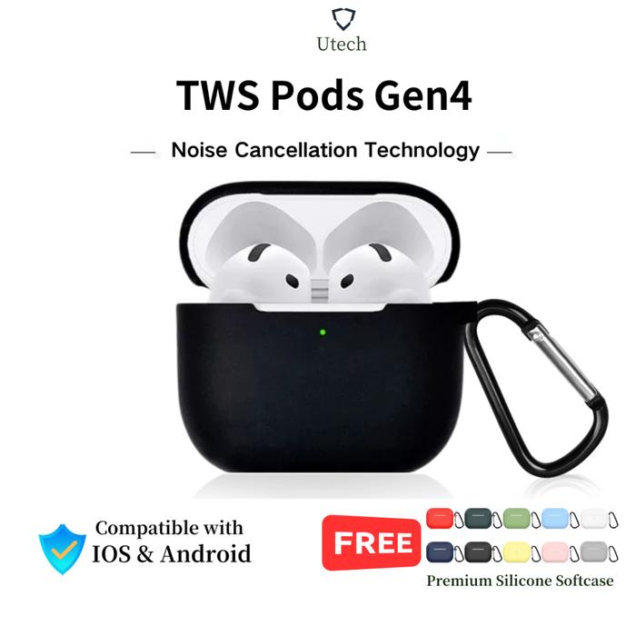 Utech TWS Pods Gen4 Earphone bluetooth headset iPhone + Free Premium Silicone Softcase with Hook for