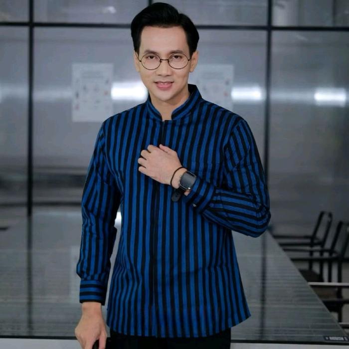 Kemeja Batik Damar Hadi Solo Motif LURIK TRADISIONAL BIRU HITAM Lengan Panjang bahan halus lembut sr