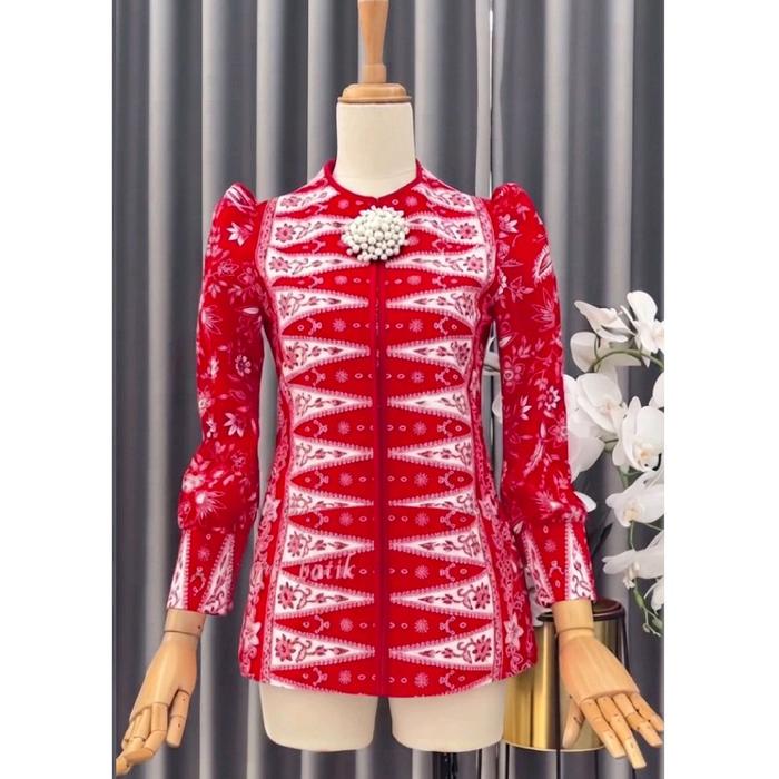 Blus Batik Motif Betawi Warna Merah - Atasan Batik - Baju kerja wanita
