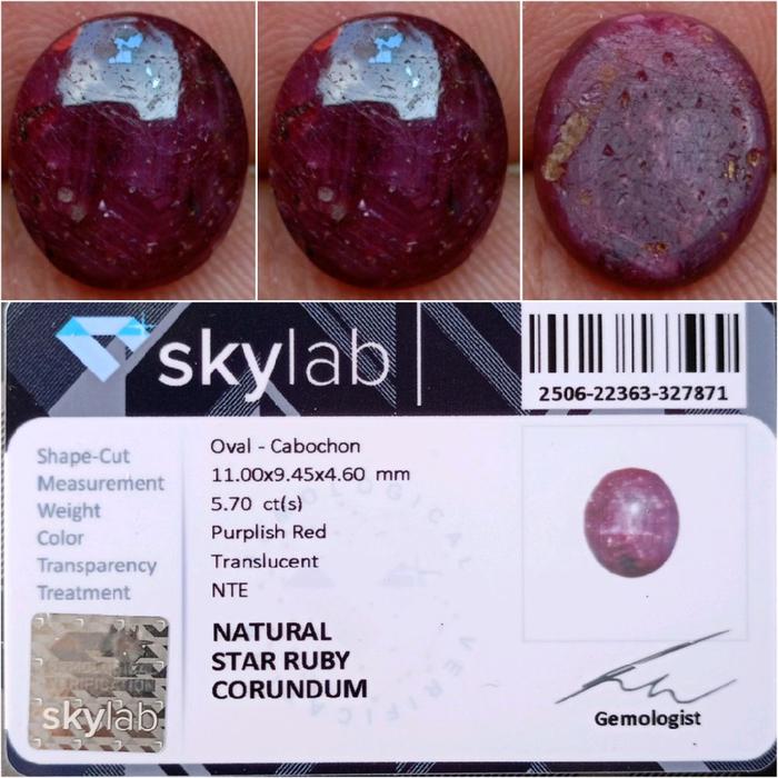 Natural Star Ruby Corundum NTE 5.70 Carats Purplish Red Memo SKYLAB