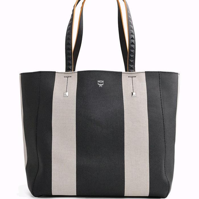 MCM Large Striped Shopper Tote Bag in Black/Beige Canvas with Stud Handle
