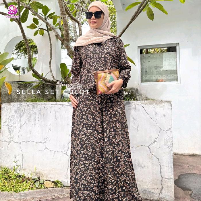 Cek Sella Oneset Wanita Katun Rayon Motif Kulot Hightwaist Fashion Muslim Kekinian set rok