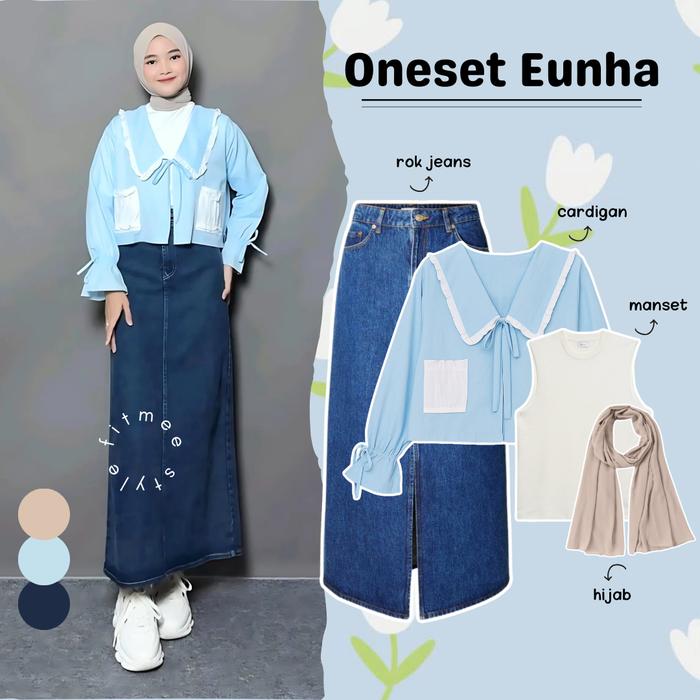 Eunha Outfit Set Remaja 3in1 (Atasan Outer Cardigan Tali Katun, Bawahan Rok Jeans Denim, Hijab Pashm