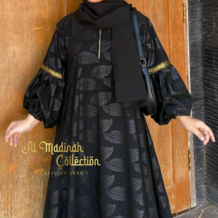 Abaya Shiva/Abaya Embos Lengan Balon Temboro Wolfis Hitam Full Motif Gamis Muslim Wanita