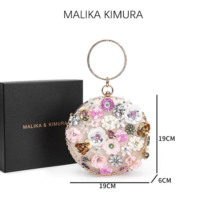 MALIKA KIMURA - Tas tangan bunga bulat wanita / Tas fashion wanita bunga / Tas makan malam / T as pe