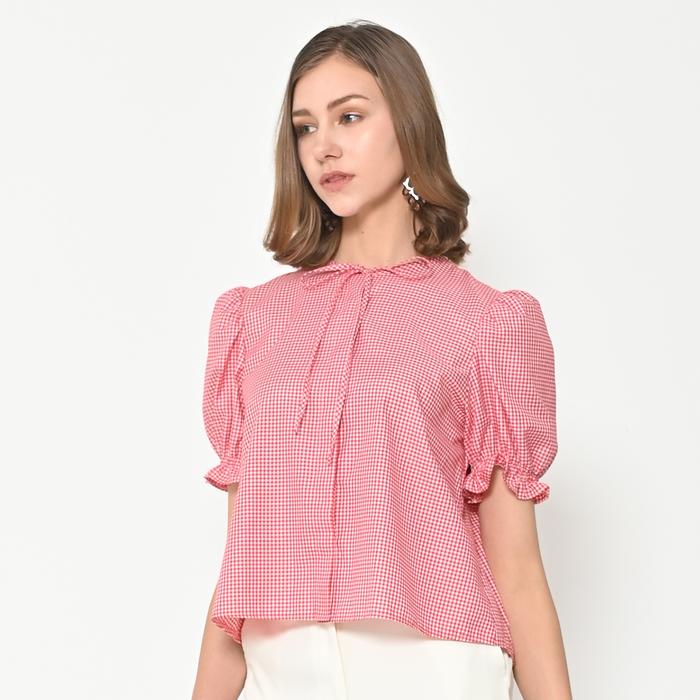 L^More  New Tie  Neck Puff Sleeve Blouse- 279E Red