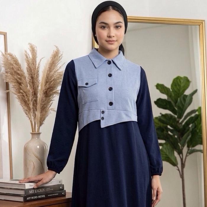 Saahaa-Gamis Bella Midi Crinkle Premium Lembut Kombinasi Vest Rib Menyatu LD 90 Panjang 120 Dress Mu