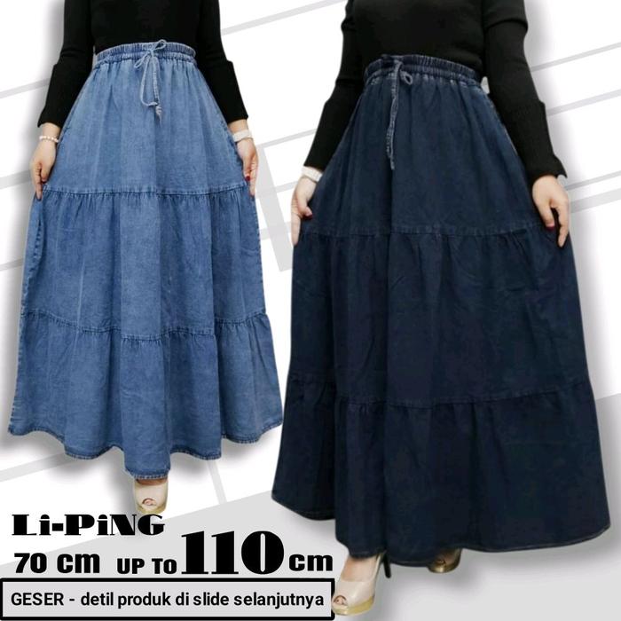 ROK MAYUNG JUMBO BAHAN JEANS WASH LENTUR MODEL REMPEL SUSUN JUMBO SKIRT PANJANG ROK DEWASA MAXI CASU