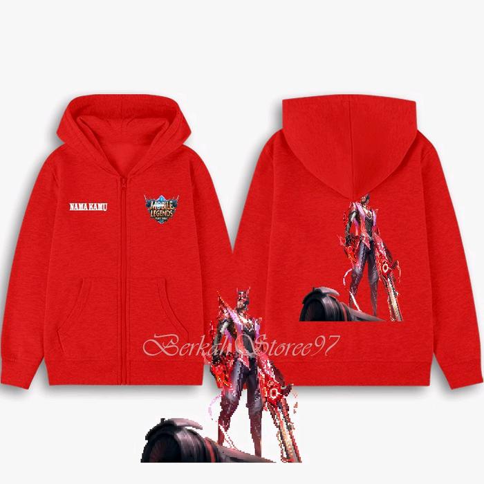 Hoodie Zipper Anak Gambar Mobile Legend Hero Clint skin Crimson Blast, dengan Sablon Berkualitas Tin