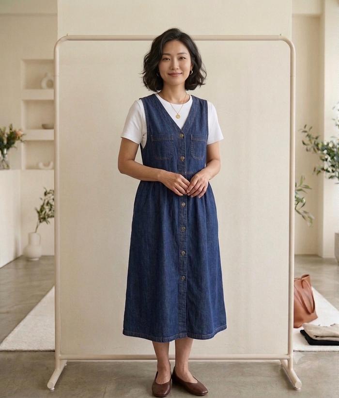 Keunta - Nara Denim Overall Dress V-Neck Korean Style / Baju Kodok Levis Wanita Midi Jumbo Casual Fr