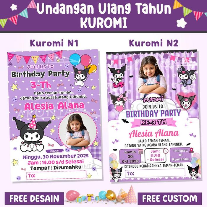 Safitiri (Cod) Kartu Undangan Ulang Tahun Anak Custom Tema Kuromi & My Melody - Desain Karakter Lucu