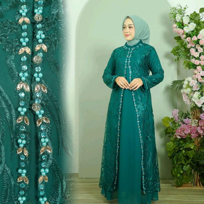 Gamis Outer Yasmin Payet Gaun Paduan Tulle Seruty Jahit Kerah Gaun Pesta Resleting Belakang Kebaya M