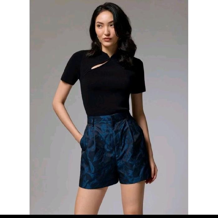 Love Bonito brocade a-line short navy blue