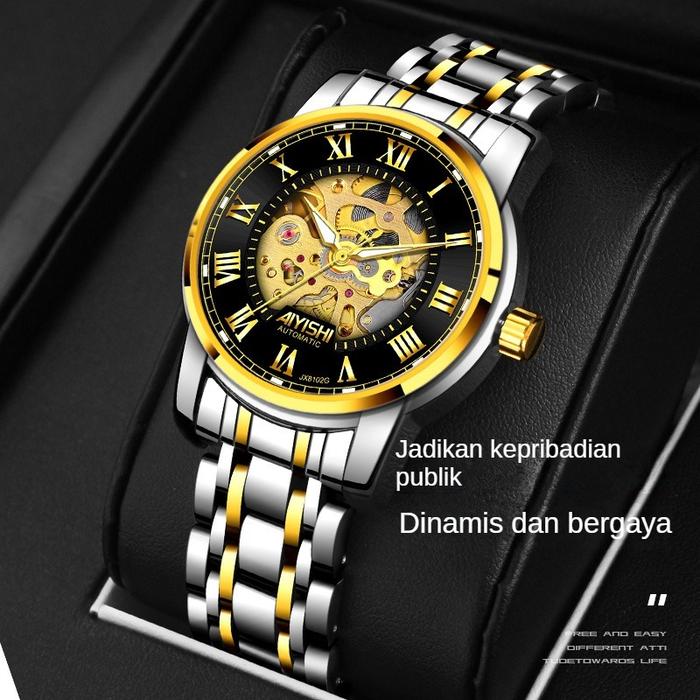 Aiyishi Jam Tangan Pria Otomatis Tahan Air Asli Keren Tahan Lama, Tourbillon Berongga Hitam Putih Te