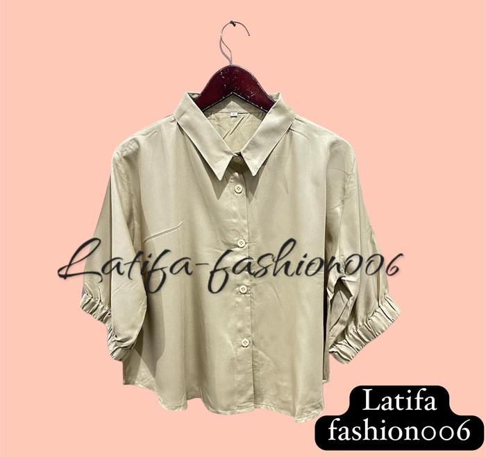 Kemeja Crop Wanita Polos Lengan Pendek - Bahan Rayon Twill Premium Uniqlo - Panjang, Baju, Flannel, 