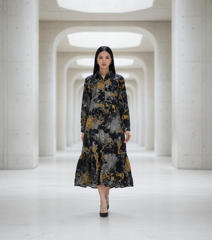 Fillan Wear - Dress Shanum Midi Dress Wanita Bahan Shakilla Twill Motif Marbell Lengan Panjang Kanci