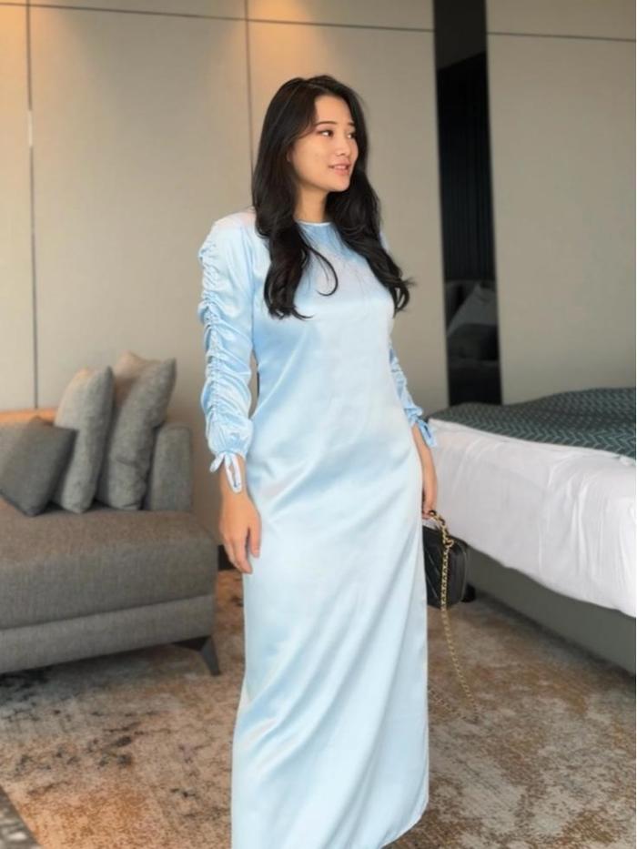 Vm - Ready Bb 45-65Kg Ld 100Cm - Dress Satin Full Kerut Lengan 832# Baju Casual Panjang Wanita Gaun
