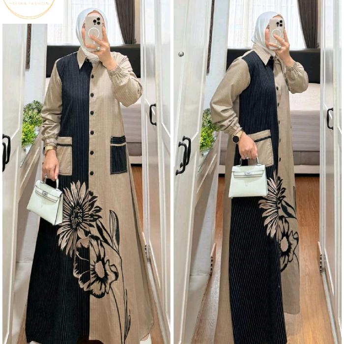 Gamis Saukia Katun Yukato Motif Salur Kombinasi Bunga Bordir by Semut Original