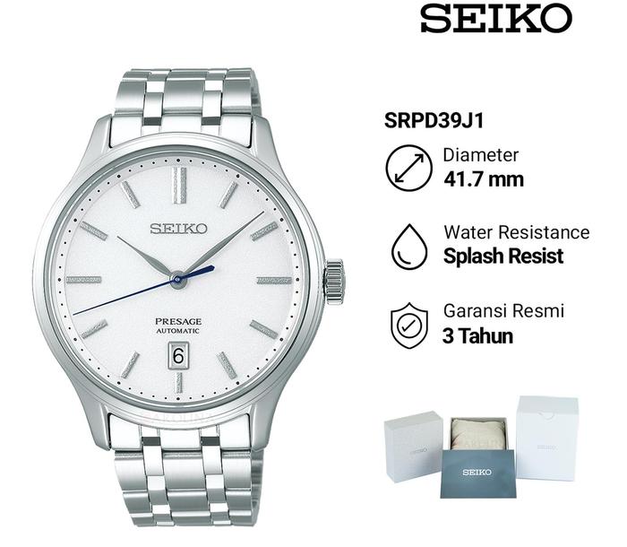 Jam Tangan Pria Analog  Seiko Presage SRPD39J1 Japanese Garden Automatic White Dial Stainless Steel 