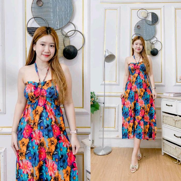 daster bali panjang kerut dada tali ikat leher carmen Wanita Busui Dress Serut Rayon Motif Bumil Kat