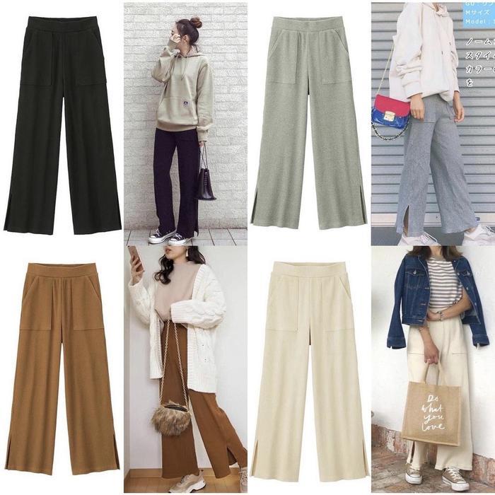 UNQ Rib Wide Pants Cullotes Celana Kulot Panjang Wanita Pinggang Karet